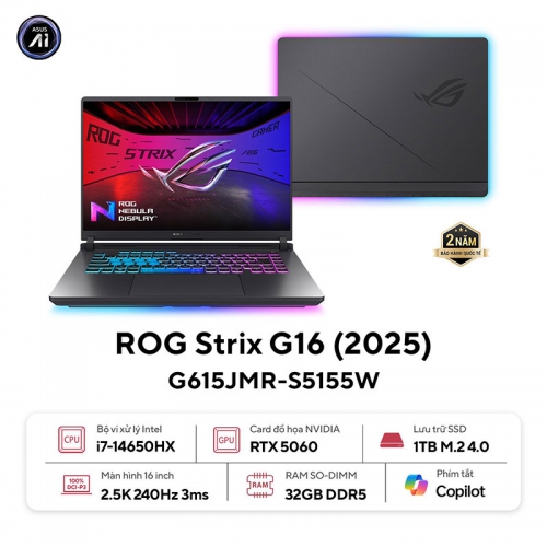 Laptop ASUS ROG Strix G16 G615JMR-S5155W (Core i7-14650HX | 32GB | 1TB | RTX 5060 8GB | 16.0inch WQXGA 240Hz | Win 11 | Xám)