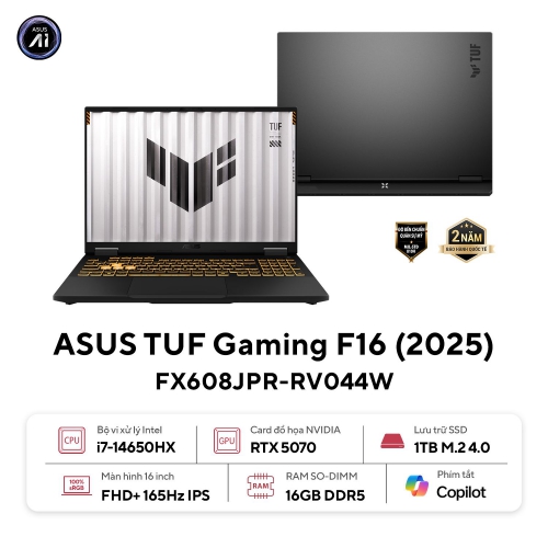 Laptop ASUS TUF Gaming F16 FX608JPR-RV044W (Intel Core i7 14650HX | RTX 5070 | 16 inch FHD+ 165Hz | 16GB | 1TB | Win 11 | Xám)
